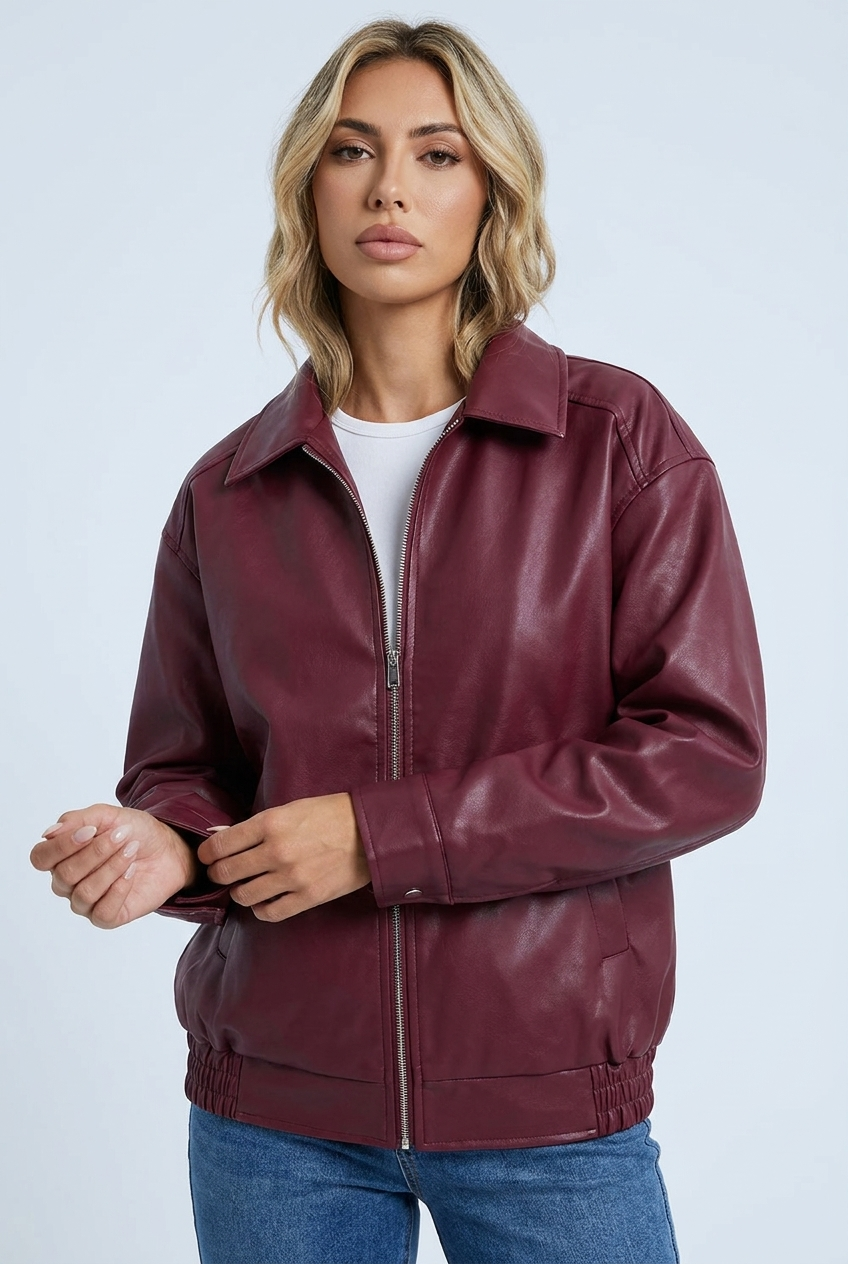 Women's Oversized Leather Style Bomber Jacket with Zip Front and Collar
