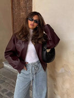 Women's Oversized Faux Leather Jacket with Zip Front