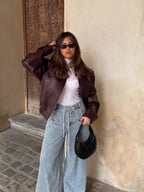 Women's Oversized Faux Leather Jacket with Zip Front