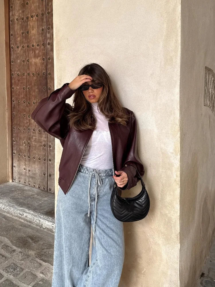 Women's Oversized Faux Leather Jacket with Zip Front
