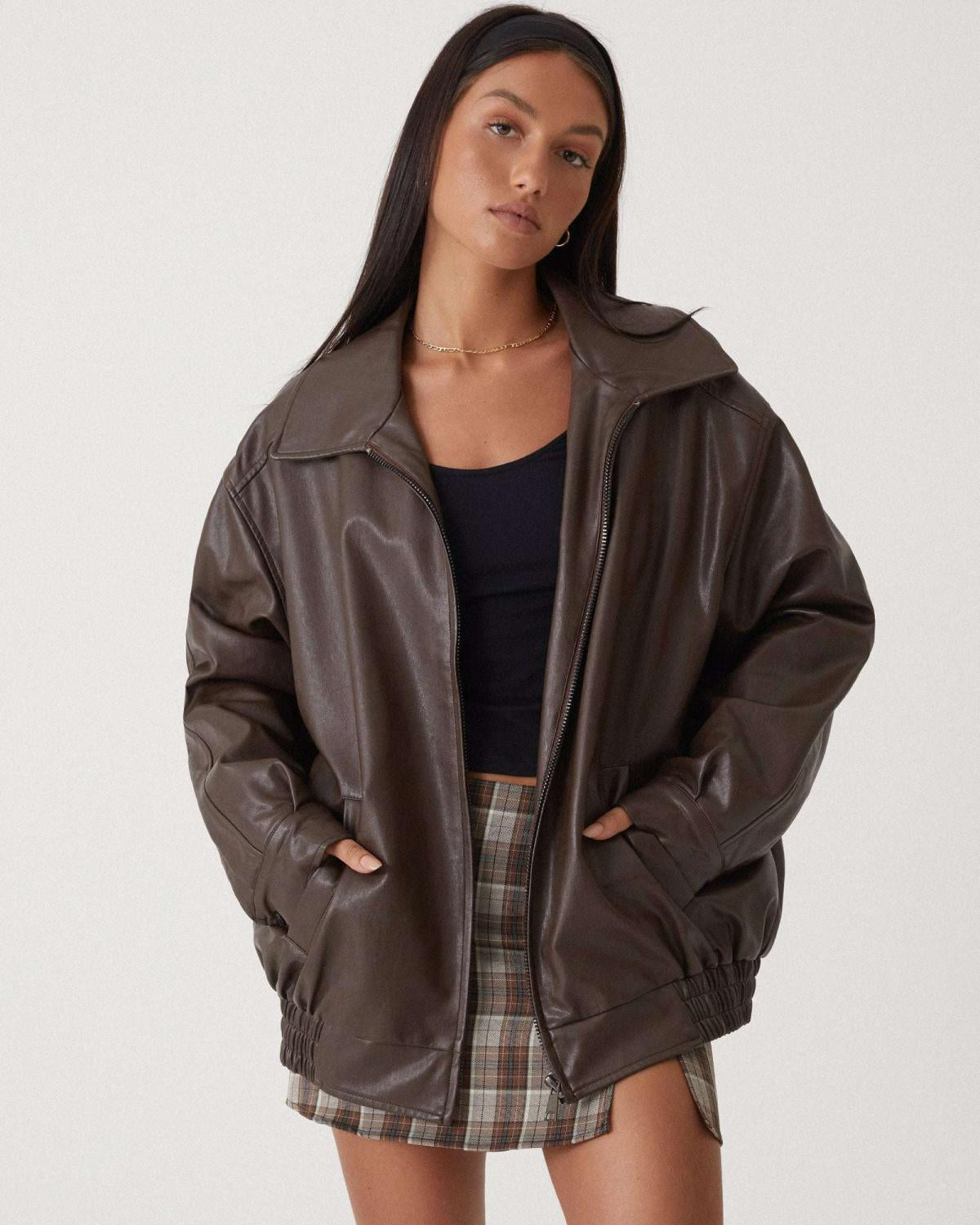 Women's Oversized Faux Leather Jacket with Zip Front and Pockets