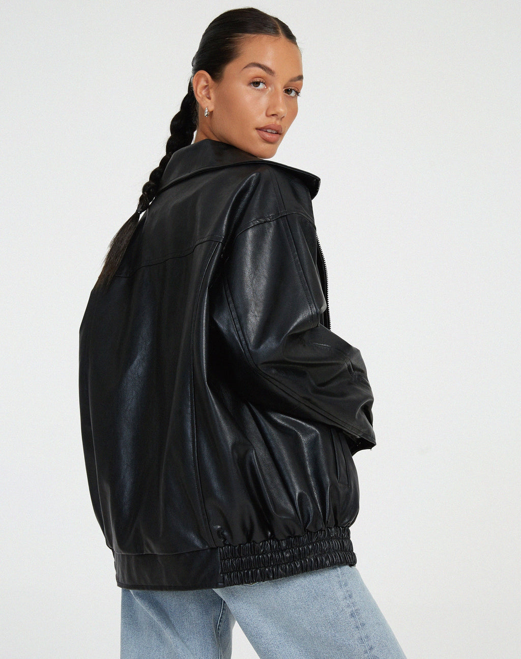 Women's Oversized Faux Leather Biker Zip Up Jacket 8