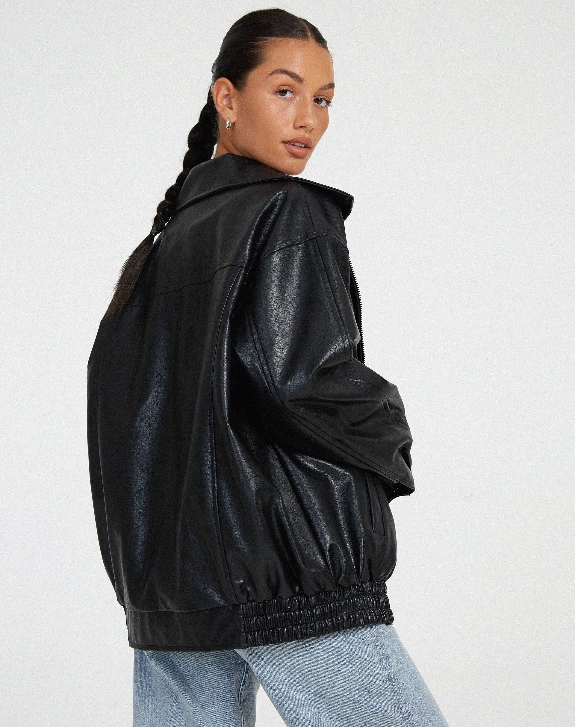 Women's Oversized Faux Leather Biker Zip Up Jacket 8