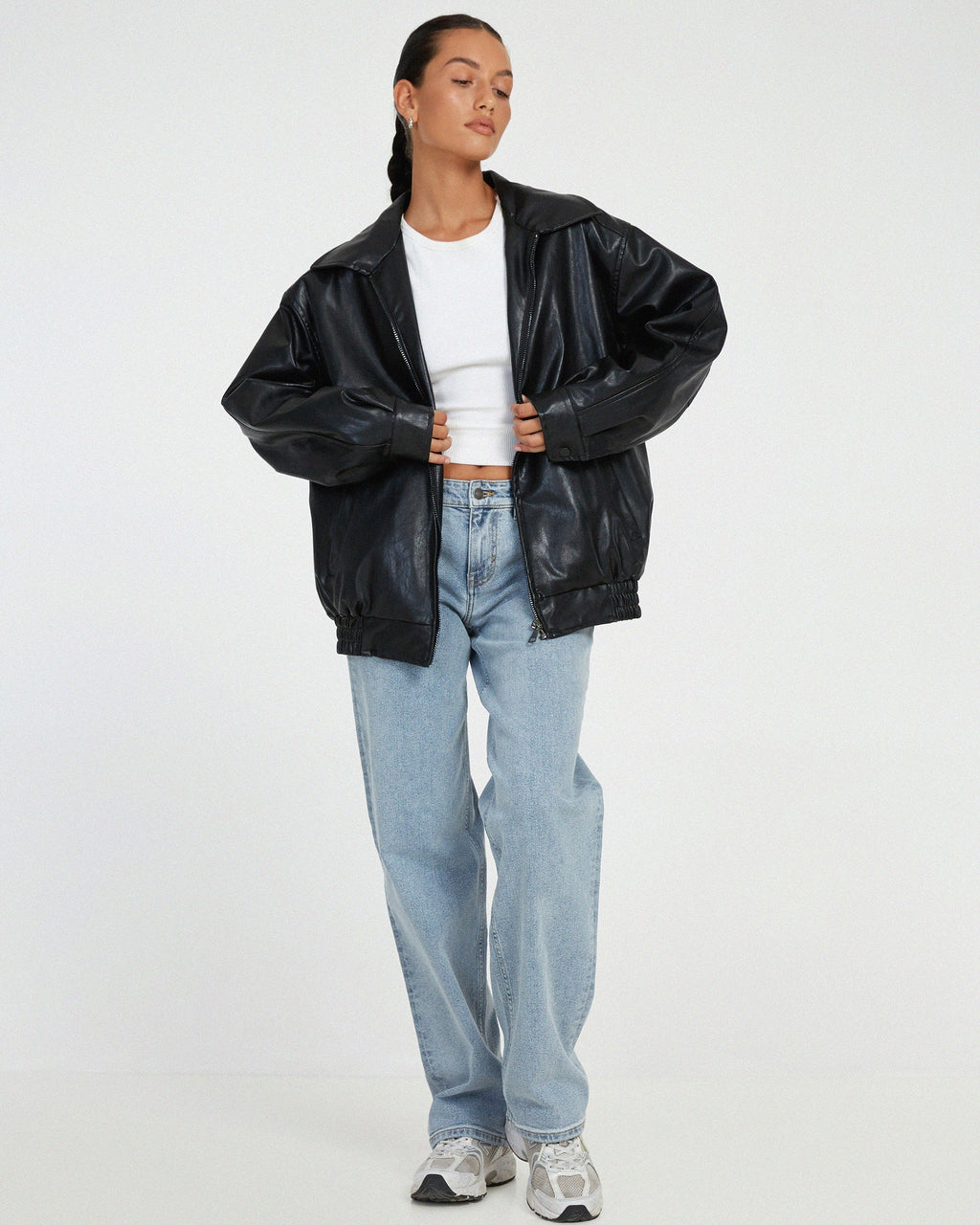 Women's Oversized Faux Leather Jacket with Zip Front and Pockets