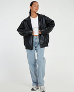 Women's Oversized Faux Leather Jacket with Zip Front and Pockets