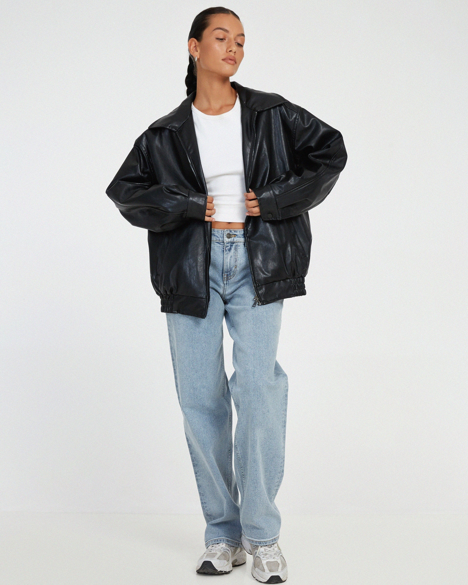 Women's Oversized Faux Leather Jacket with Zip Front and Pockets