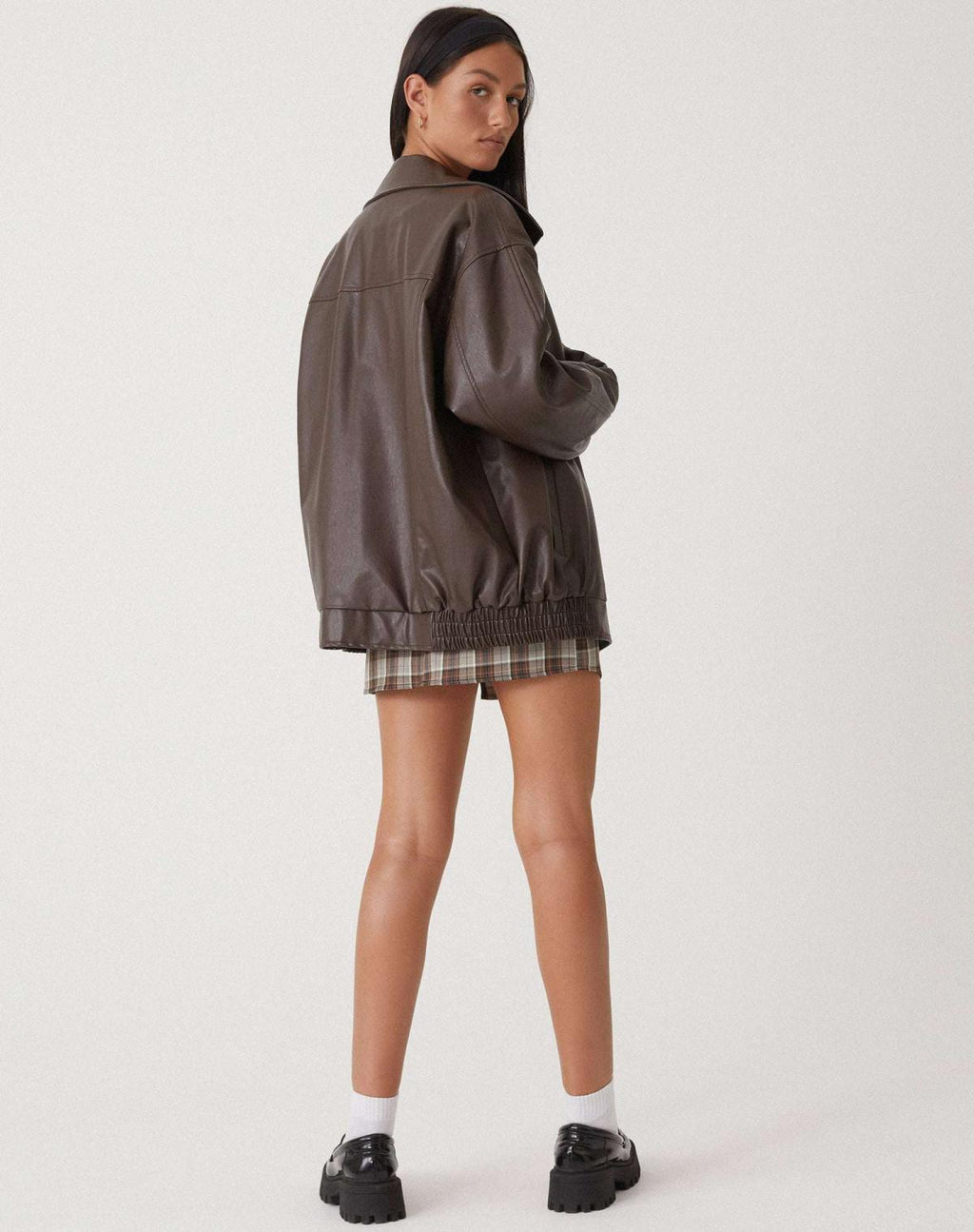 Women's Oversized Faux Leather Biker Zip Up Jacket 4