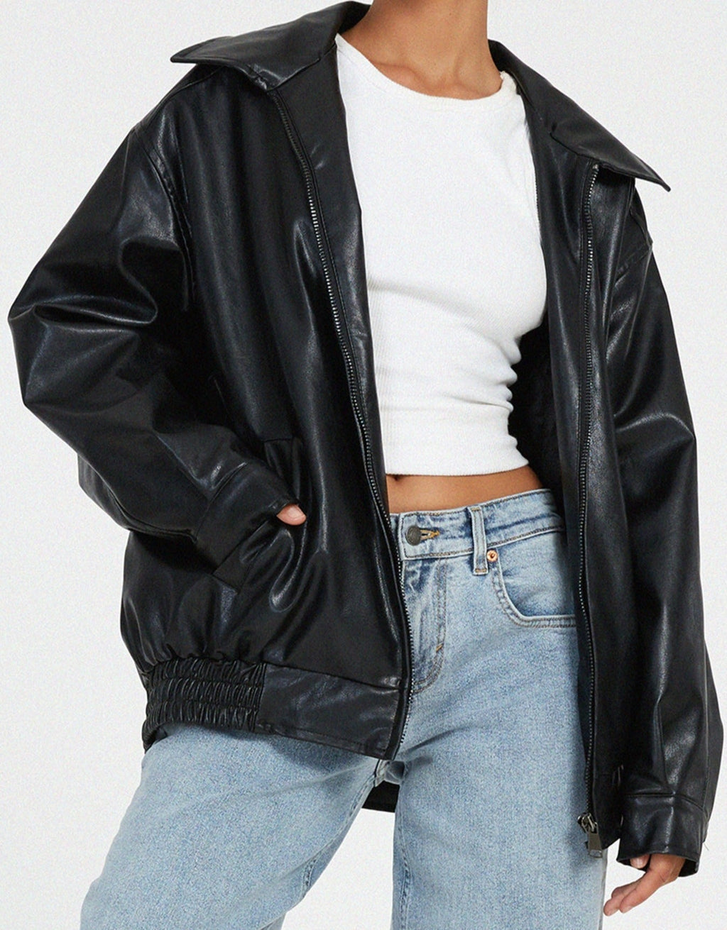 Women's Oversized Faux Leather Biker Zip Up Jacket 7