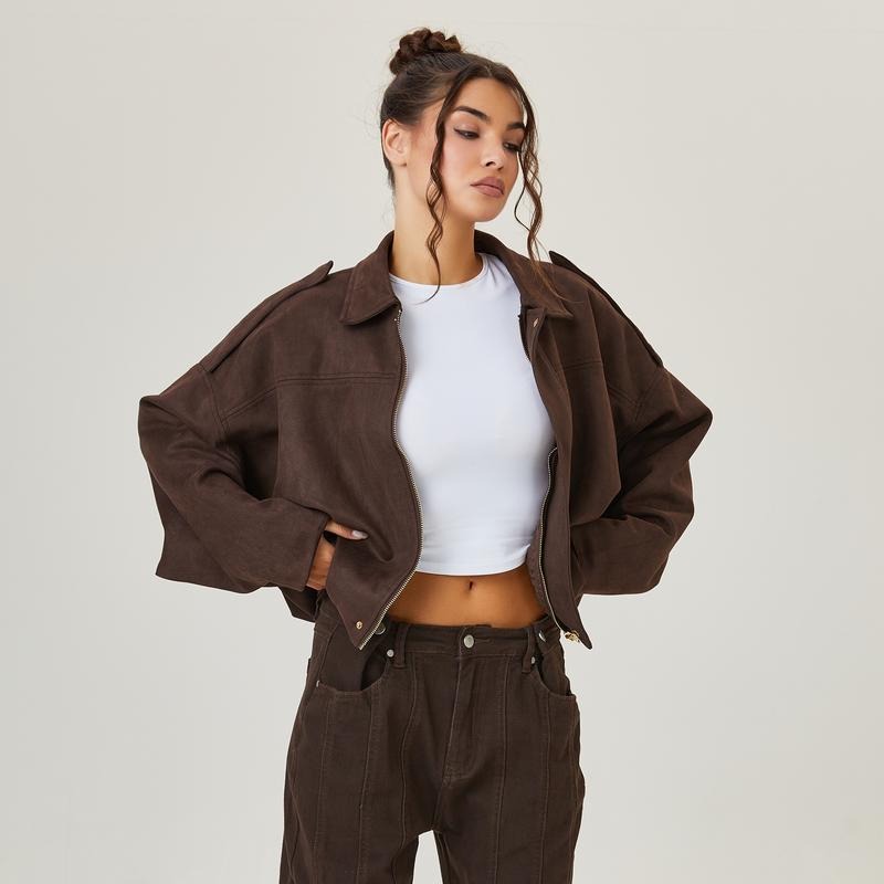 Women's Oversized Suede Bomber Jacket with Zip Front