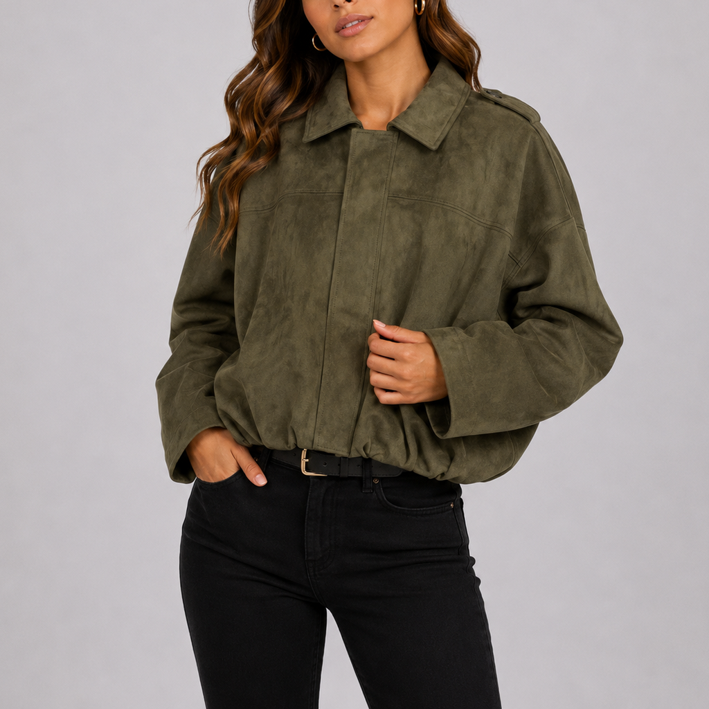 Women's Oversized Cropped Bomber Jacket | Collared Zip Front
