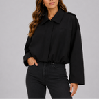 Women's Oversized Cropped Bomber Jacket | Collared Zip Front