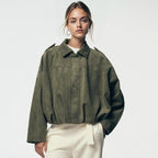 Women's Oversized Suede Bomber Jacket with Zip Front