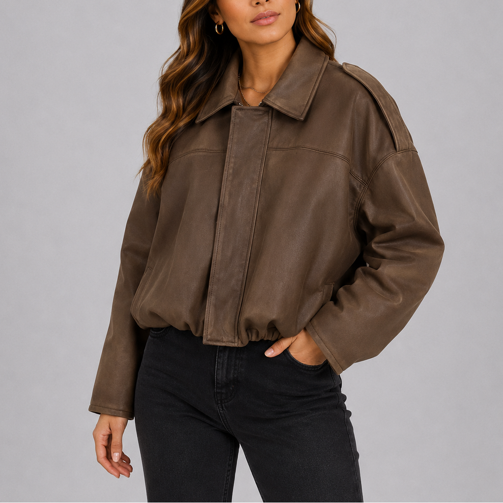 Women's Oversized Cropped Bomber Jacket | Collared Zip Front