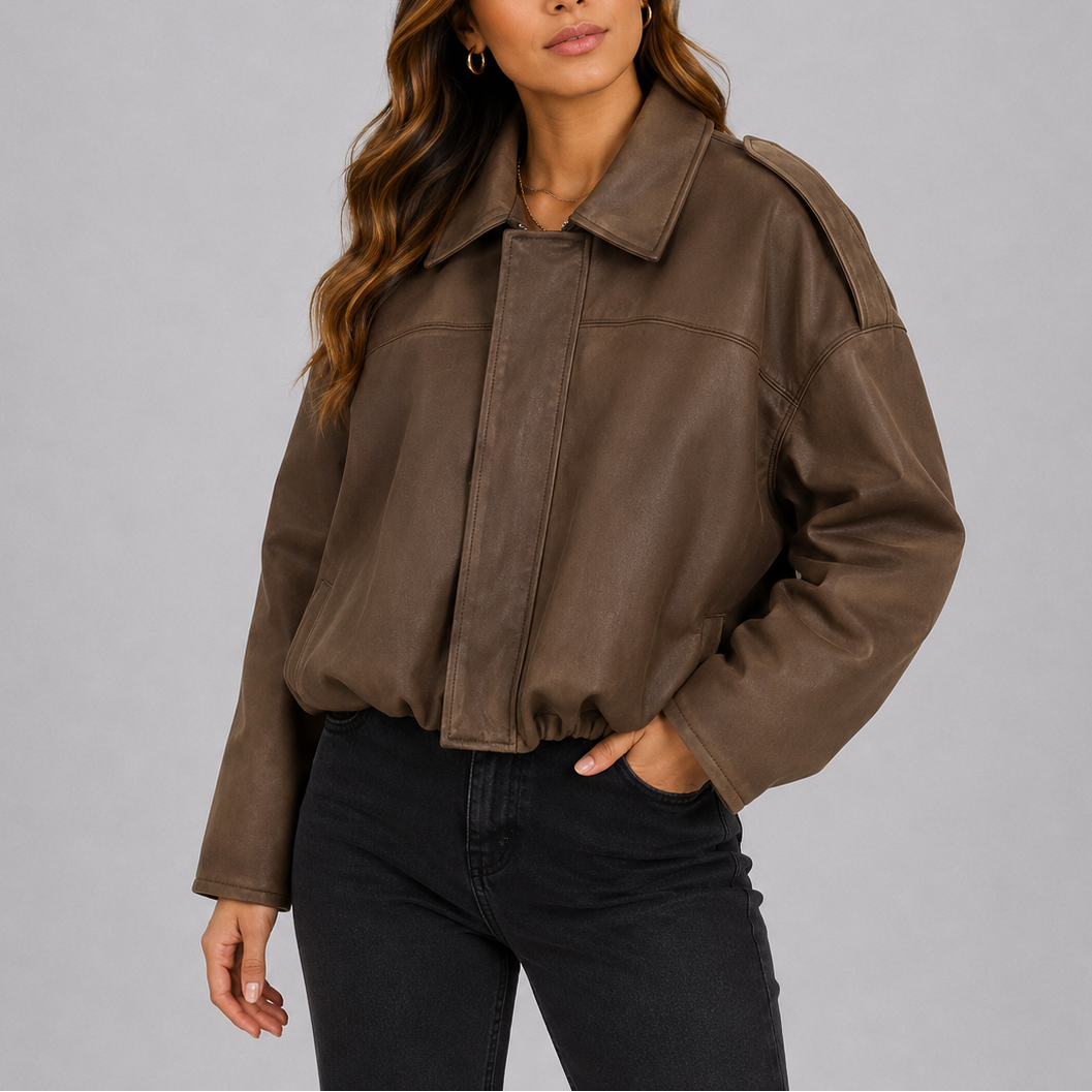 Women's Oversized Cropped Bomber Jacket | Collared Zip Front