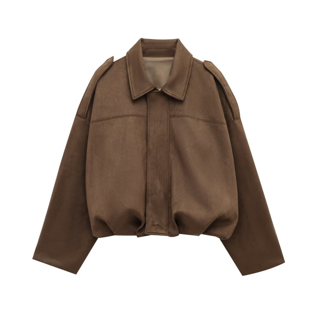 Women's Oversized Suede Bomber Jacket with Zip Front