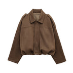 Women's Oversized Suede Bomber Jacket with Zip Front