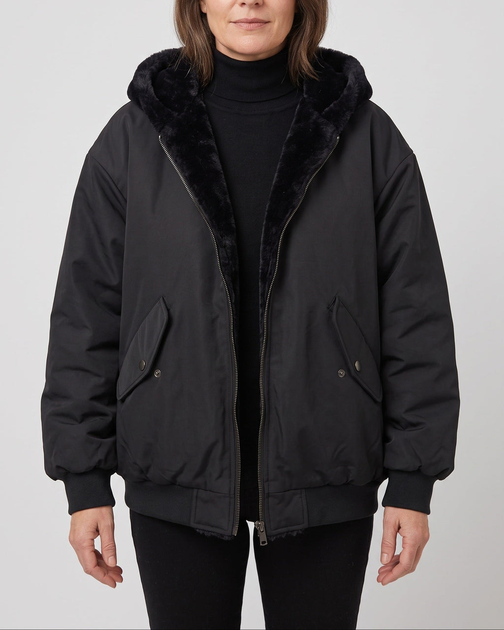 Women's Oversized Hooded Bomber Jacket with Faux Fur Lining