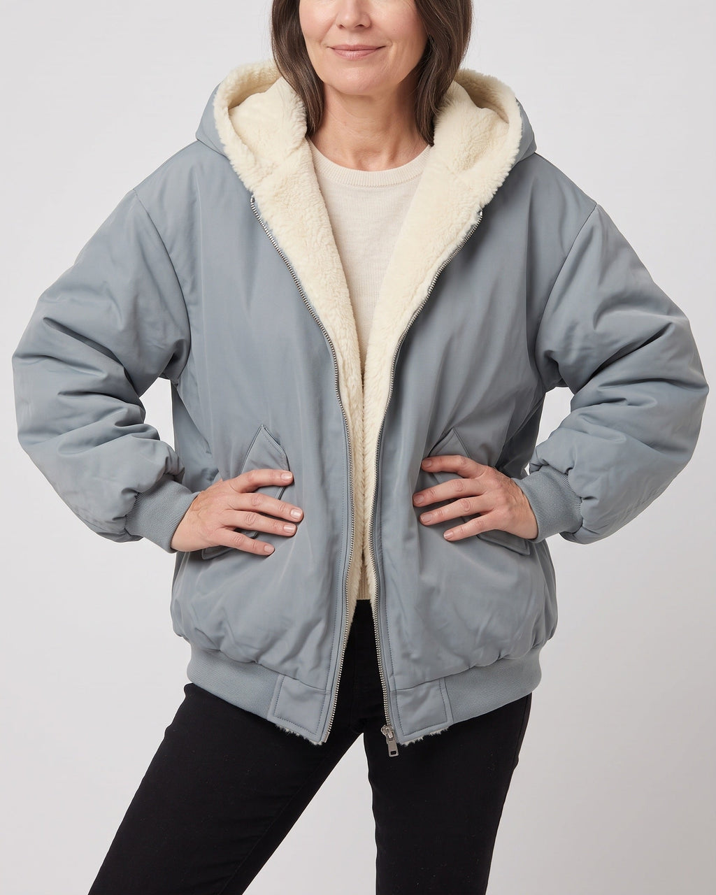 Women's Oversized Hooded Bomber Jacket with Faux Fur Lining