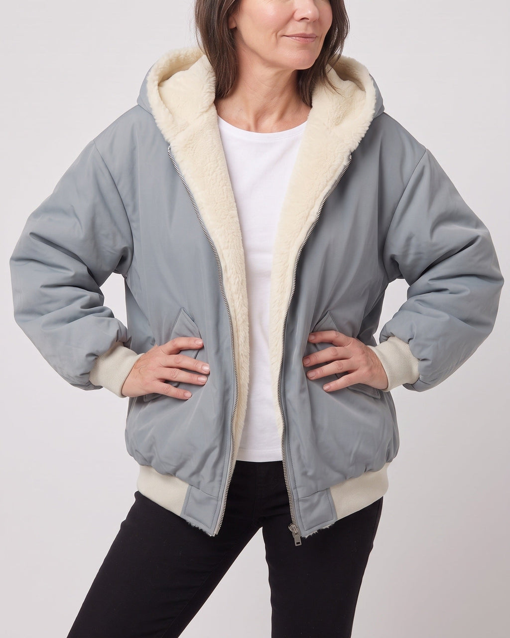 Women's Oversized Hooded Bomber Jacket with Faux Fur Lining - Blue