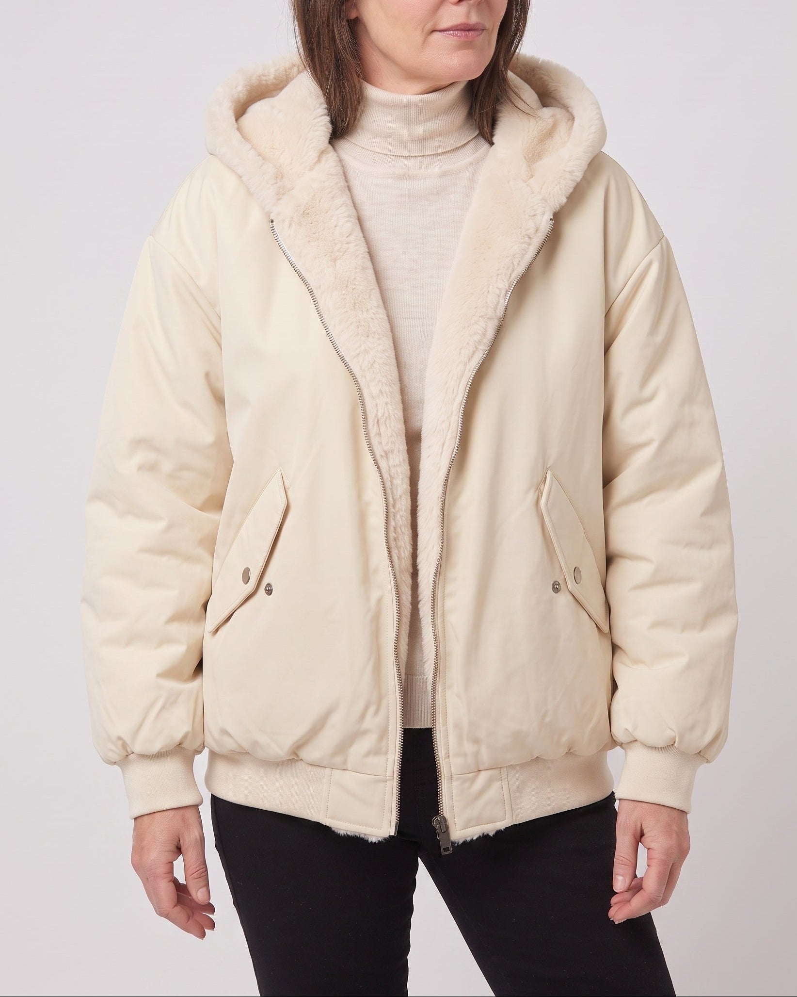 Women's Oversized Hooded Bomber Jacket with Faux Fur Lining - White