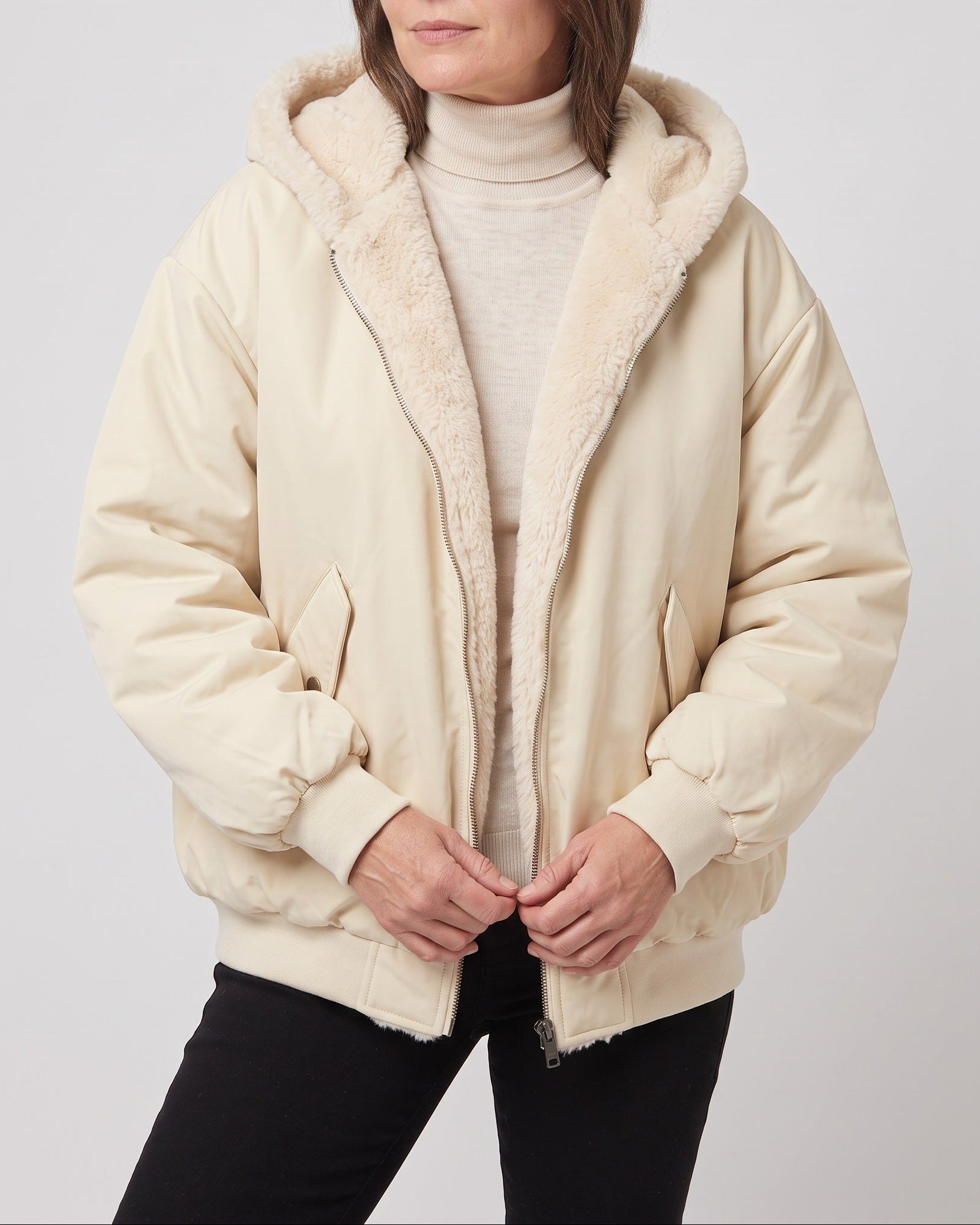 Women's Oversized Hooded Bomber Jacket with Faux Fur Lining