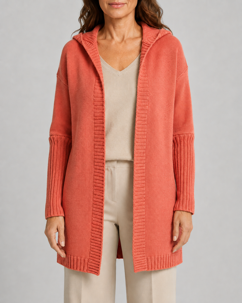 Women's Open Front Longline Ribbed Trim Hooded Cardigan
