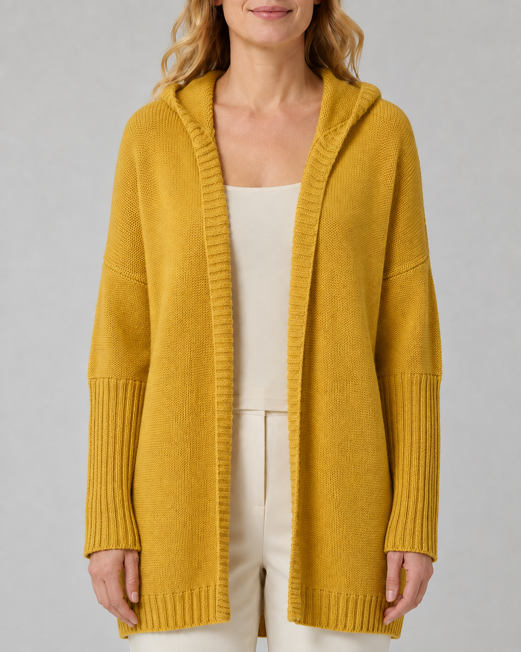 Women's Open Front Longline Ribbed Trim Hooded Cardigan