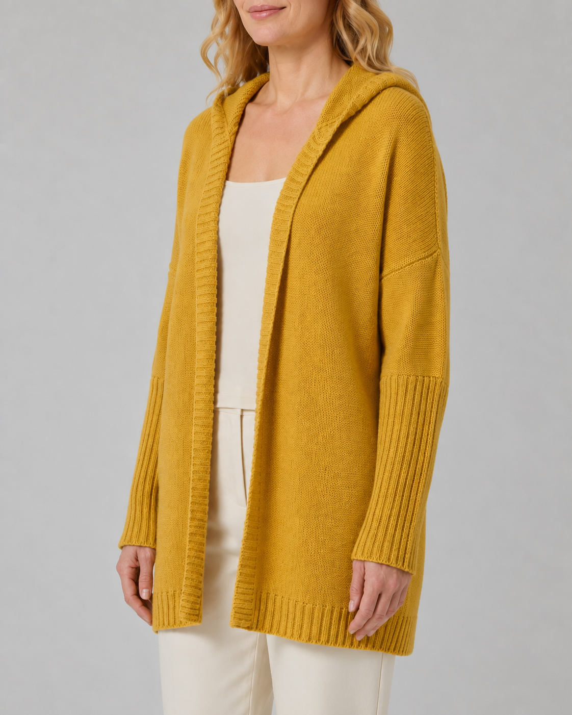 Women's Open Front Longline Ribbed Trim Hooded Cardigan