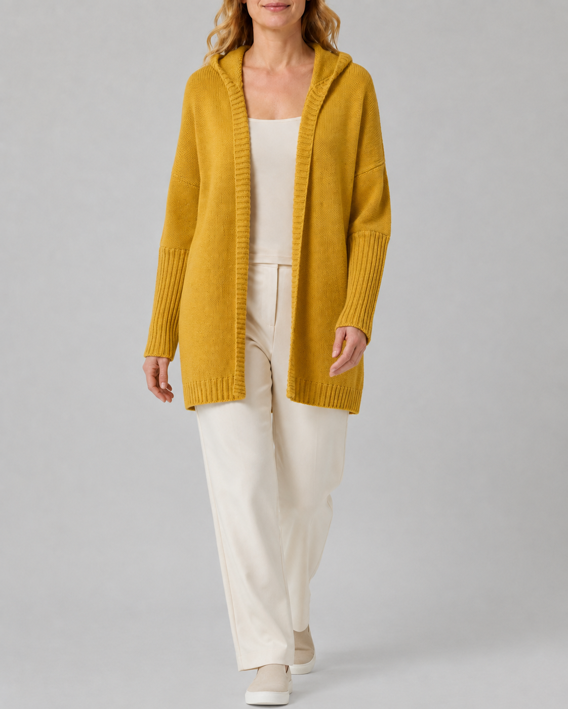 Women's Open Front Longline Ribbed Trim Hooded Cardigan