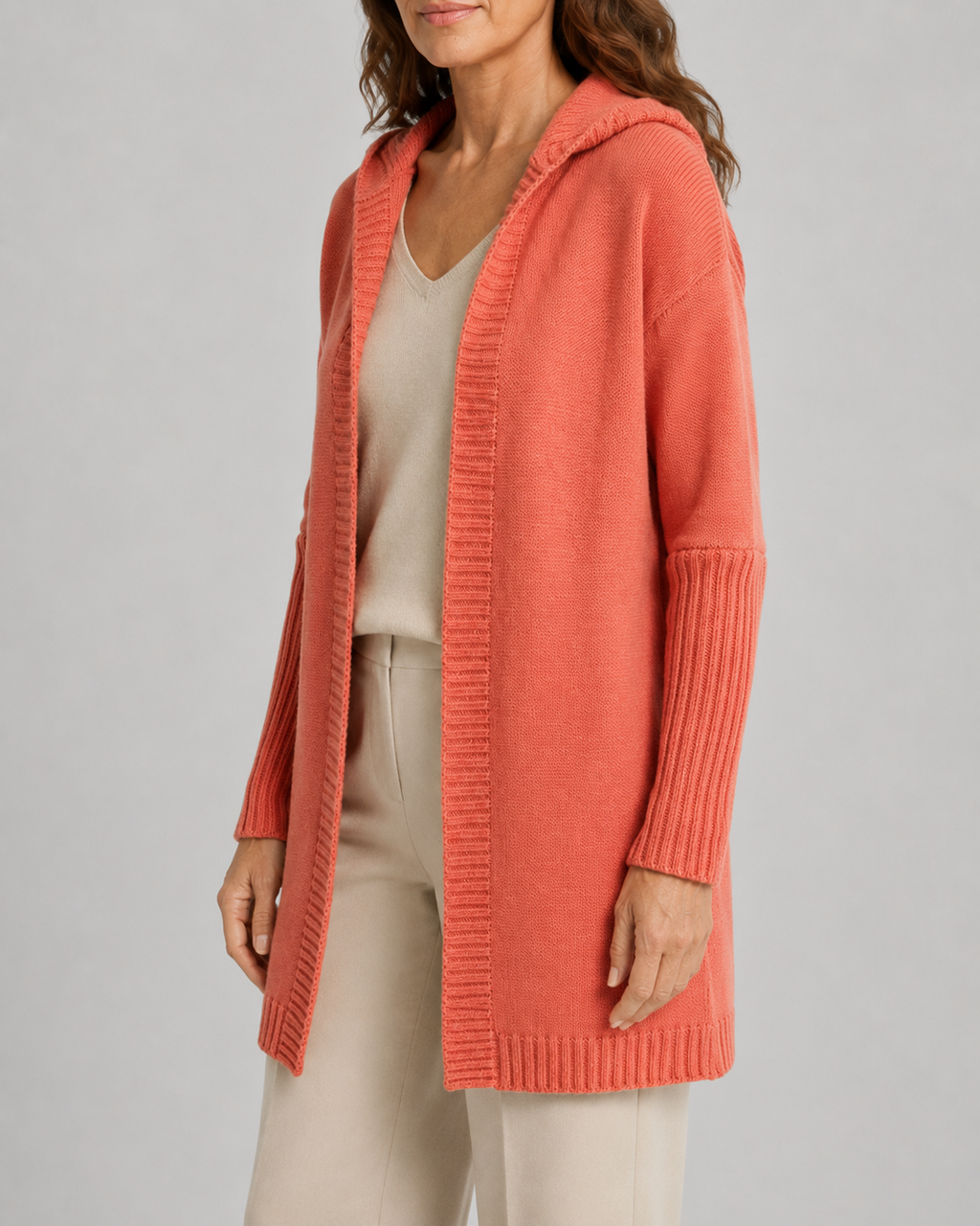 Women's Open Front Longline Ribbed Trim Hooded Cardigan