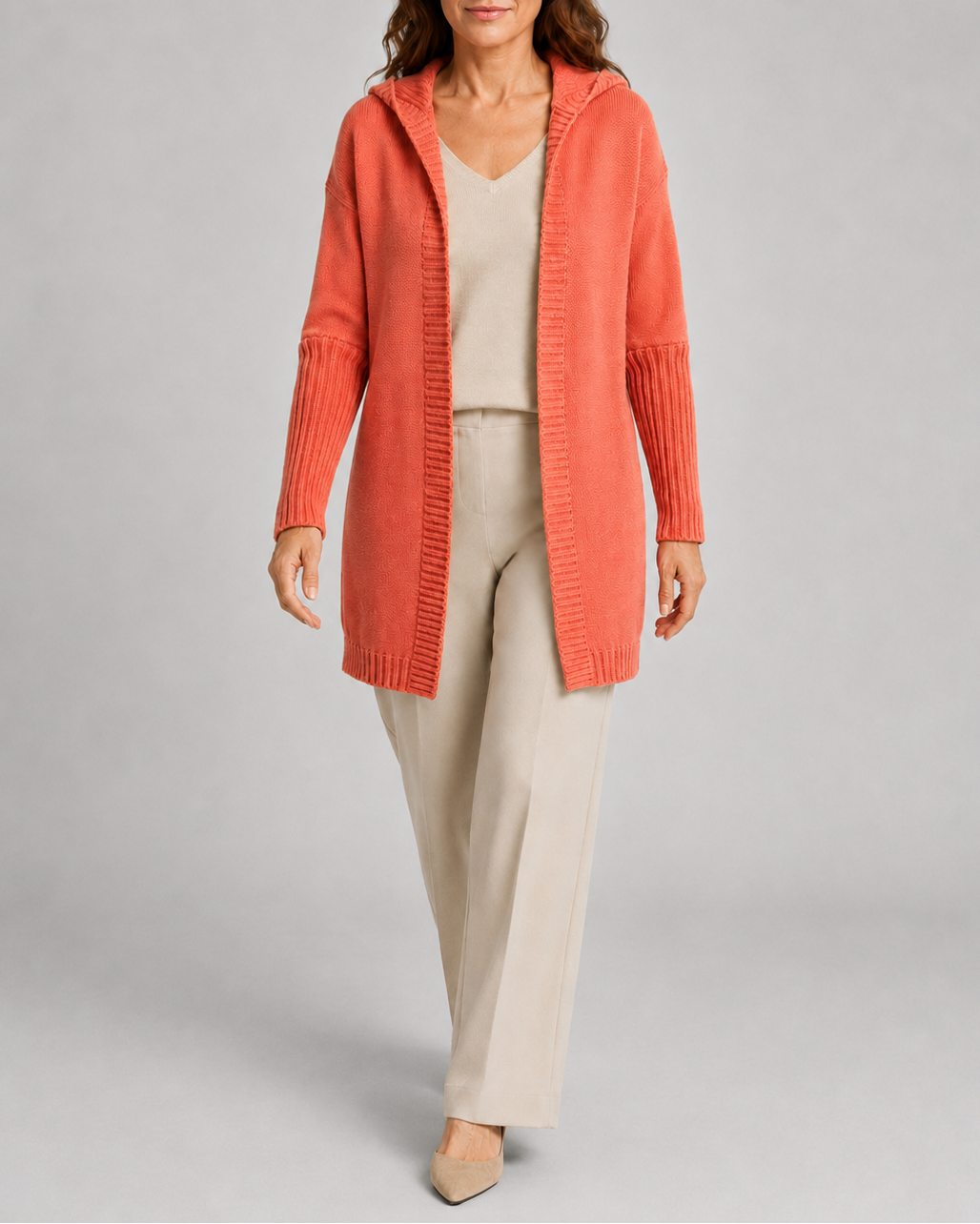 Women's Open Front Longline Ribbed Trim Hooded Cardigan