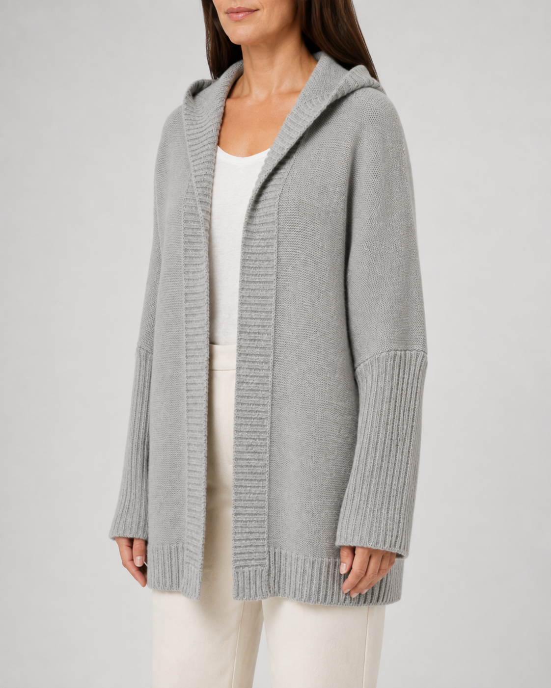 Women's Open Front Longline Ribbed Trim Hooded Cardigan