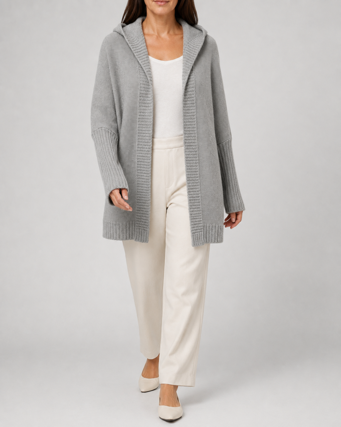 Women's Open Front Longline Ribbed Trim Hooded Cardigan