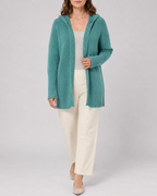 Women's Open Front Longline Ribbed Trim Hooded Cardigan