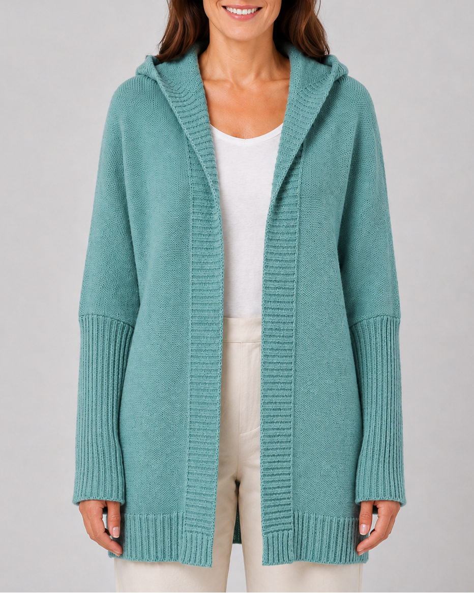 Women's Hooded Longline Cardigan with Open Front and Ribbed Trim