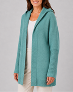 Women's Hooded Longline Cardigan with Open Front and Ribbed Trim