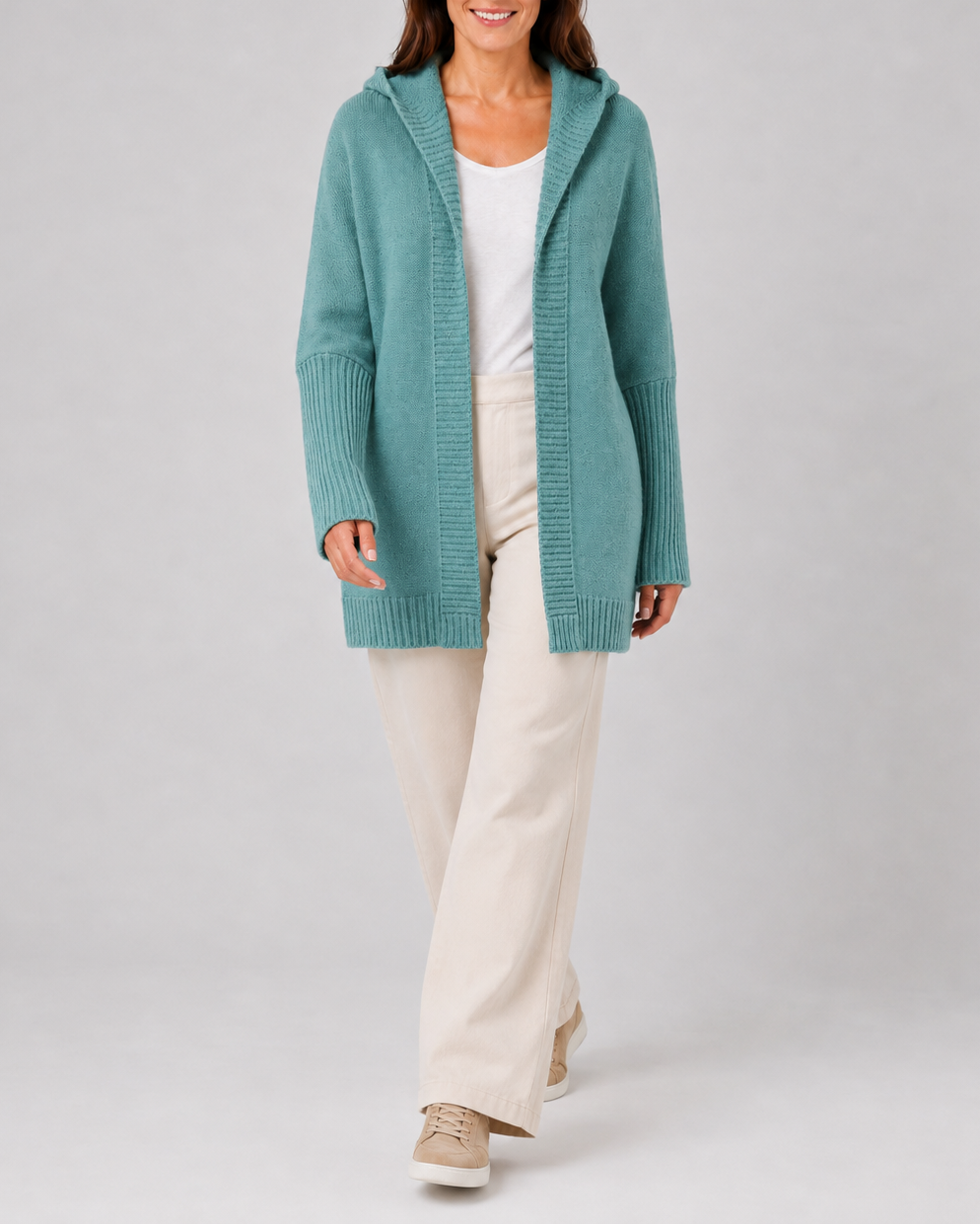 Women's Hooded Longline Cardigan with Open Front and Ribbed Trim