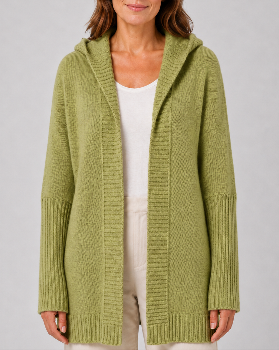 Women's Hooded Longline Cardigan with Open Front and Ribbed Trim