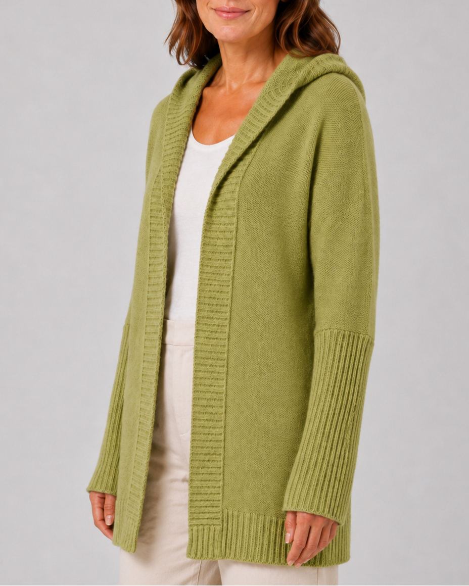 Women's Hooded Longline Cardigan with Open Front and Ribbed Trim