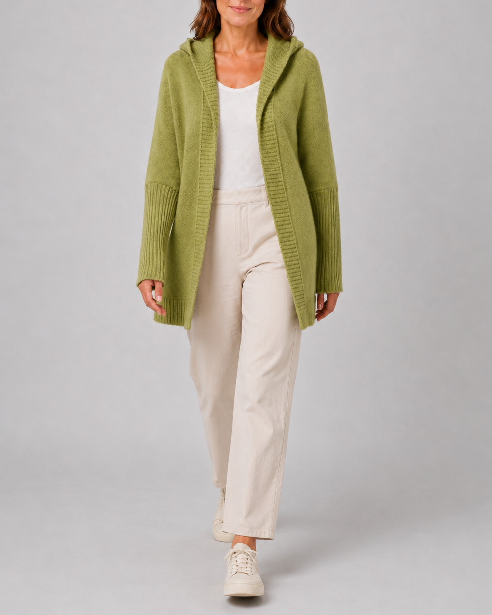 Women's Hooded Longline Cardigan with Open Front and Ribbed Trim