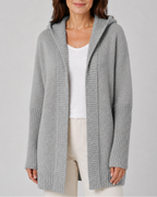 Women's Hooded Longline Cardigan with Open Front and Ribbed Trim