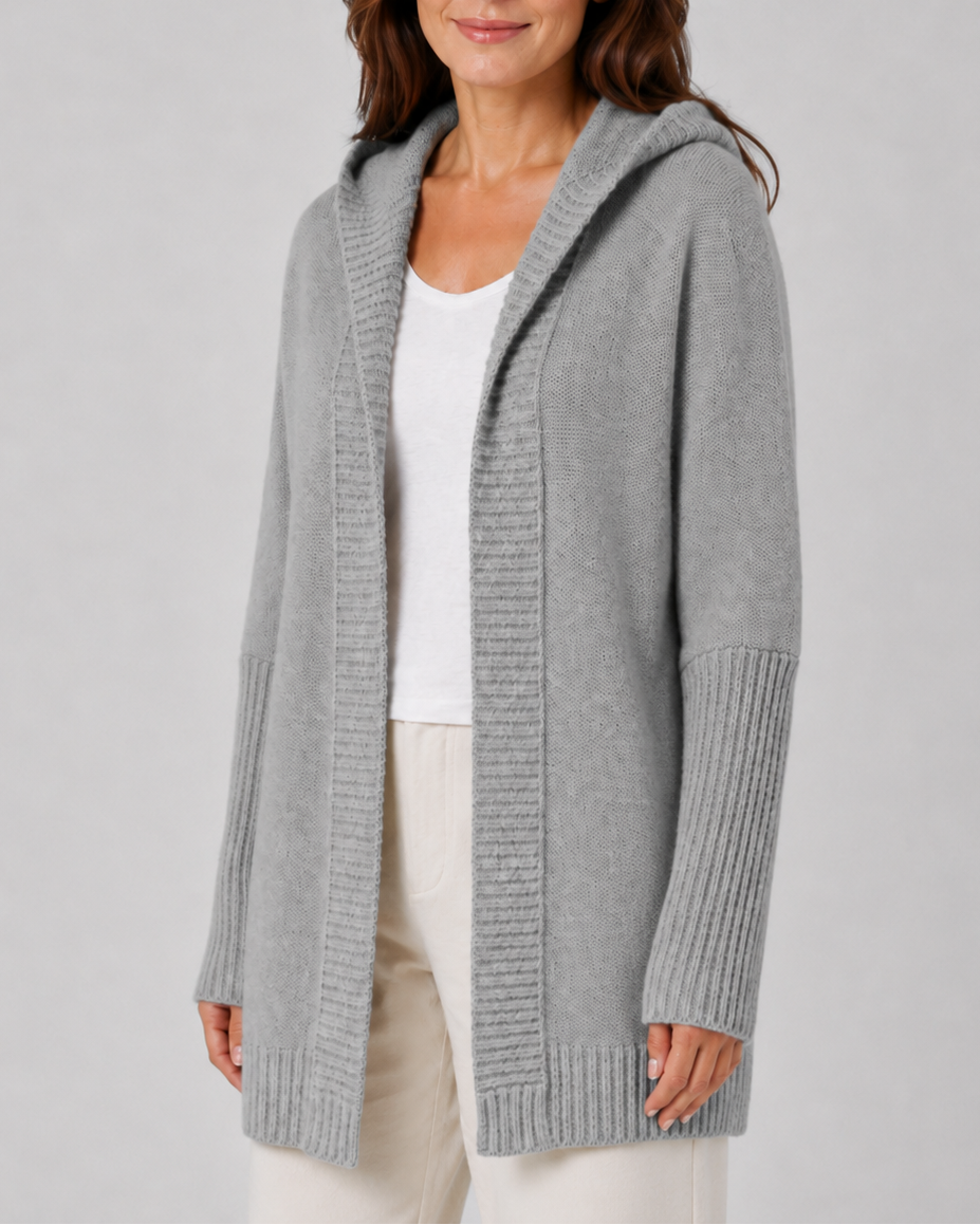 Women's Hooded Longline Cardigan with Open Front and Ribbed Trim