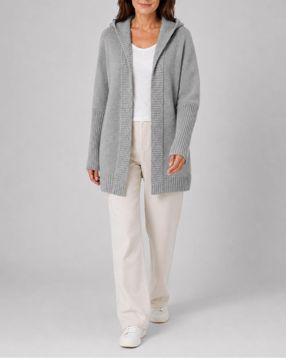 Women's Hooded Longline Cardigan with Open Front and Ribbed Trim