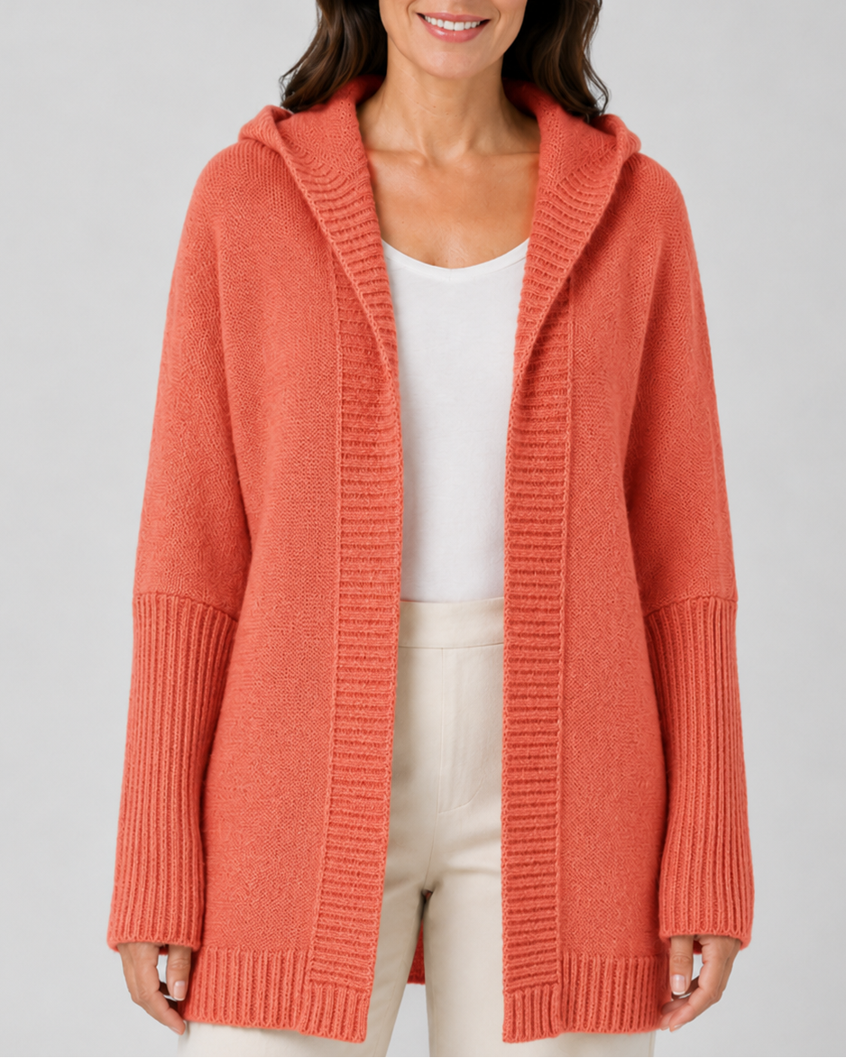 Women's Hooded Longline Cardigan with Open Front and Ribbed Trim