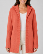 Women's Hooded Longline Cardigan with Open Front and Ribbed Trim