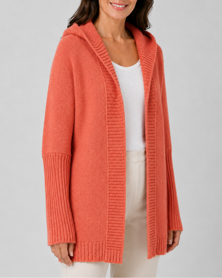 Women's Hooded Longline Cardigan with Open Front and Ribbed Trim