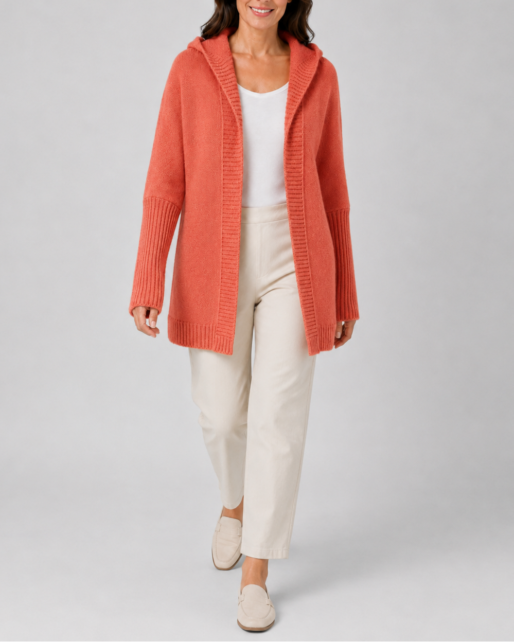 Women's Hooded Longline Cardigan with Open Front and Ribbed Trim
