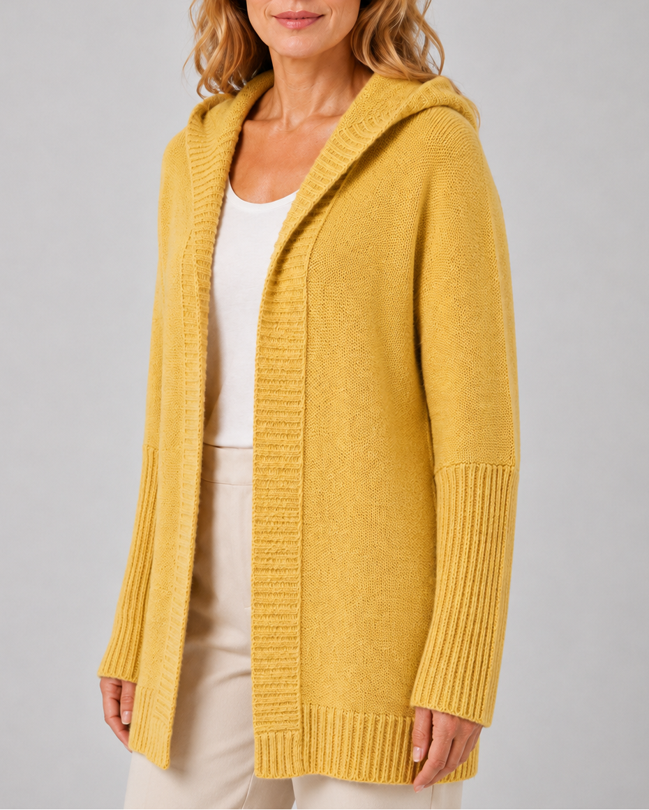 Women's Hooded Longline Cardigan with Open Front and Ribbed Trim