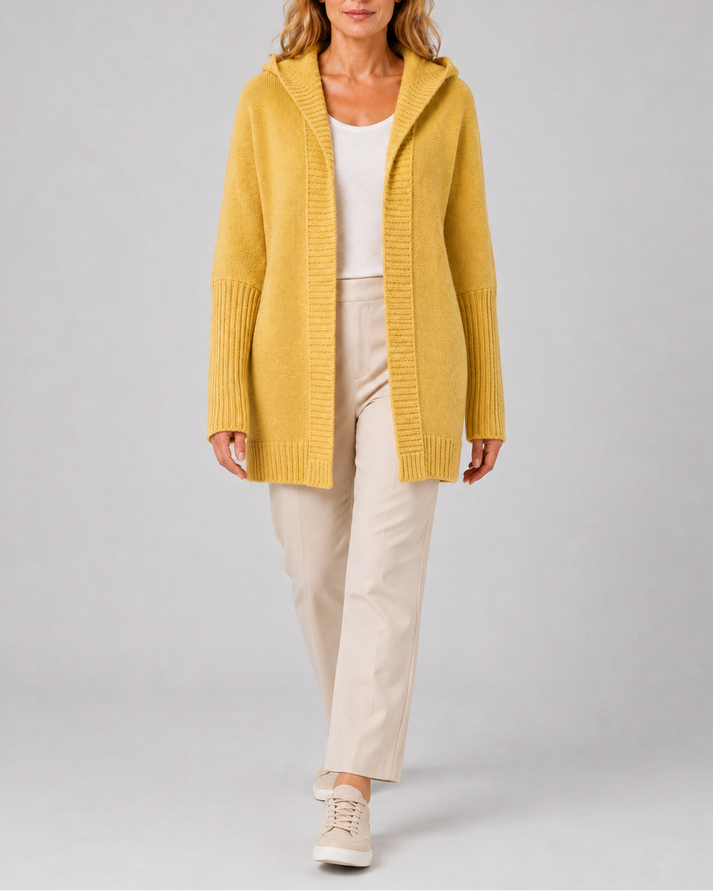 Women's Hooded Longline Cardigan with Open Front and Ribbed Trim