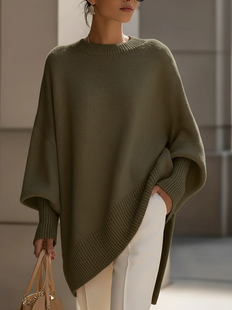 Women's Oversized Jumper with Round Neck and Ribbed Trims